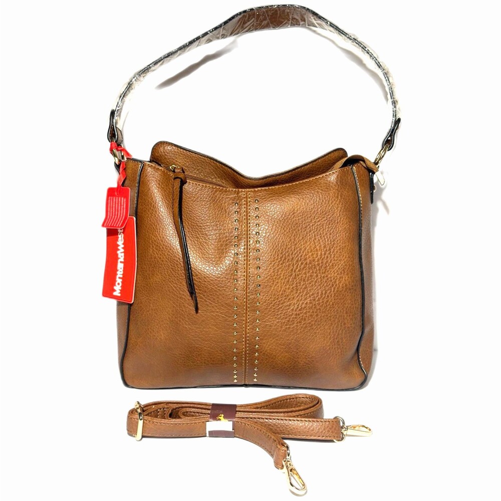 Montana West Brown Hobo Studded Shoulder Crossbody Bag Detachable Strap NWT